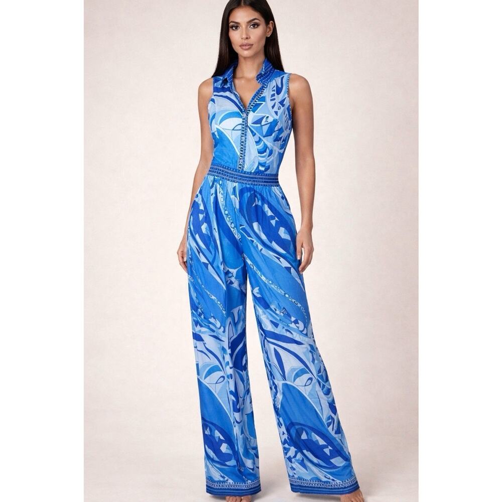 Half Heart Women’s S Blue Print Sleeveless V-Neck Wide Leg Jumpsuit NWOT Boho